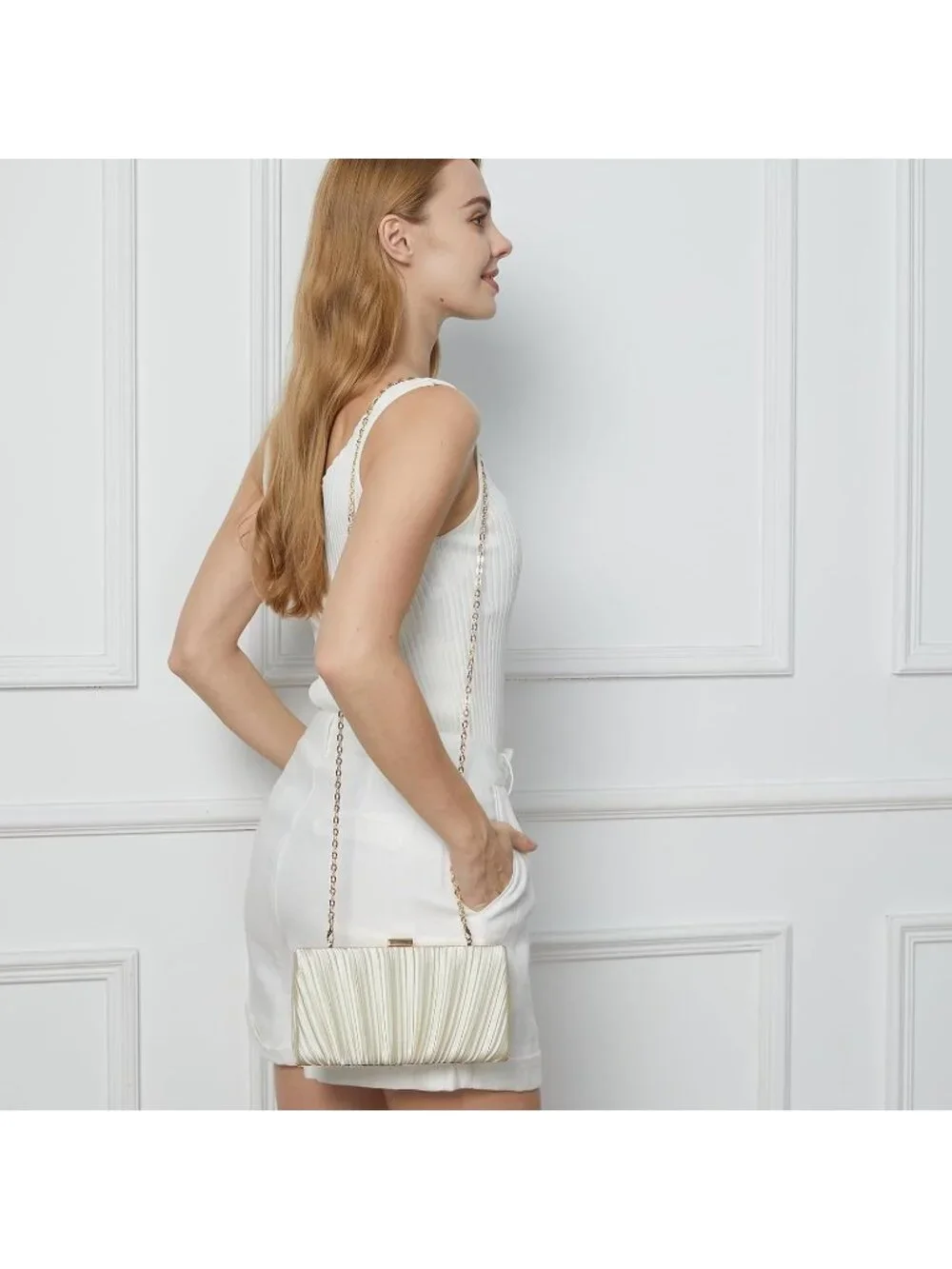 Women's Satin Gold Pleated Evening Handbag with Chain Prom Classic Clutch Purses